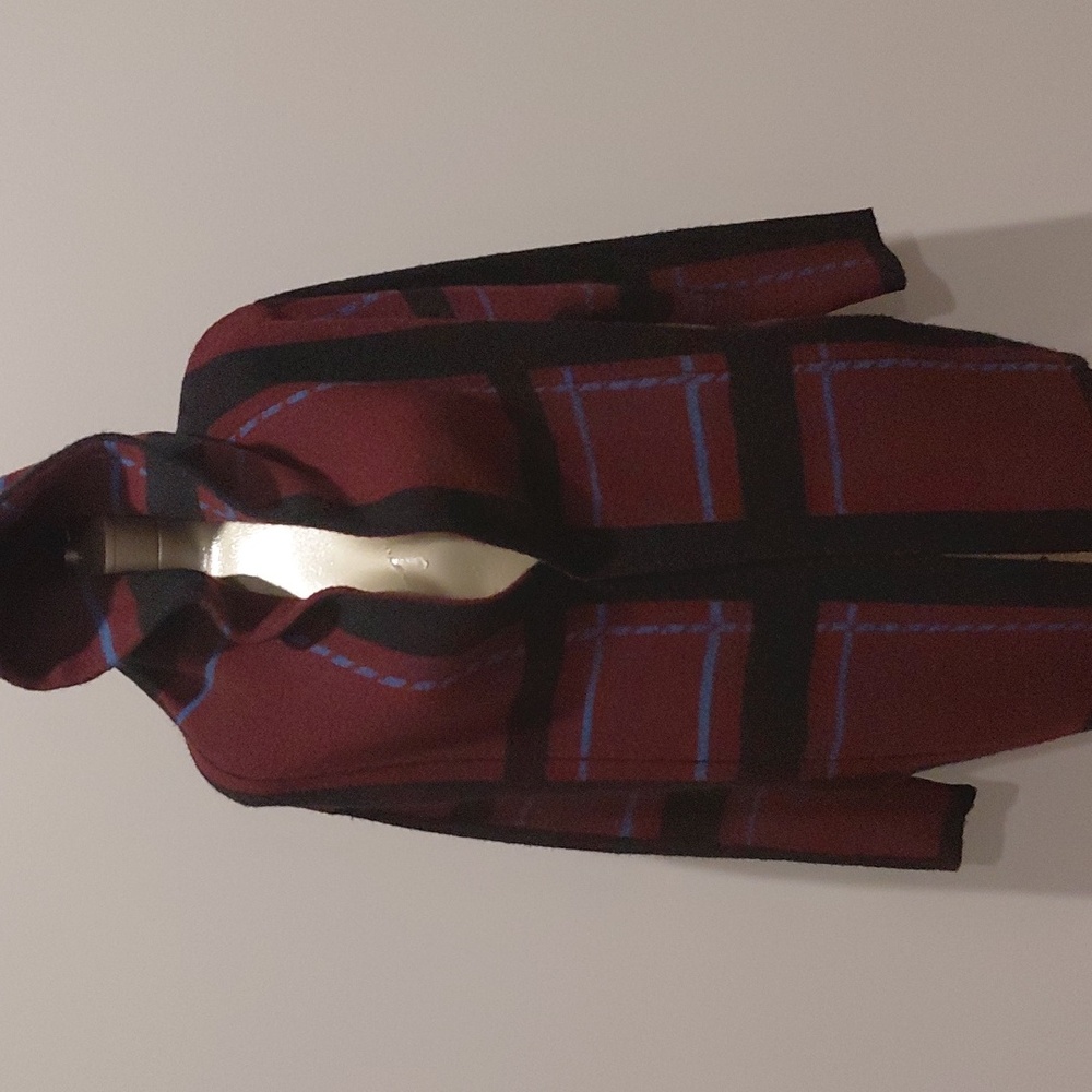 Coco + Carmen Burgundy and Black Plaid Hooded Cardigan/Sweater Jacket